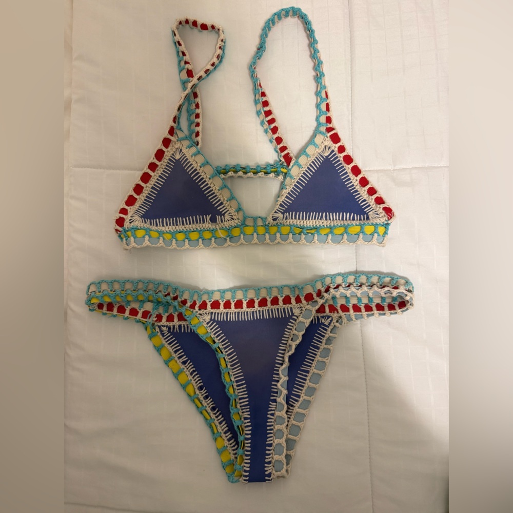 KIINI Blue Bikini with Red and Cream Crochet Trim